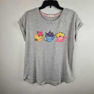Clover + Pine Women's Flower Teapot Embroidered T-shirt Gray Medium Grandma Core